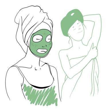 Kozmetik prosedürler, yüz ve vücut bakımı, vektör illüstrasyon, çizim gerçekleştiren genç bir kız görüntü