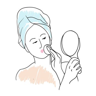 Aynaya bakan ve kozmetik prosedürler icra genç bir kız görüntü, yüz, vektör illüstrasyon, çizim