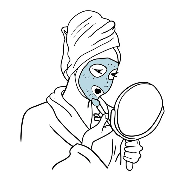 Imagen Una Joven Mirándose Espejo Realizando Procedimientos Cosméticos Faciales Ilustración — Vector de stock