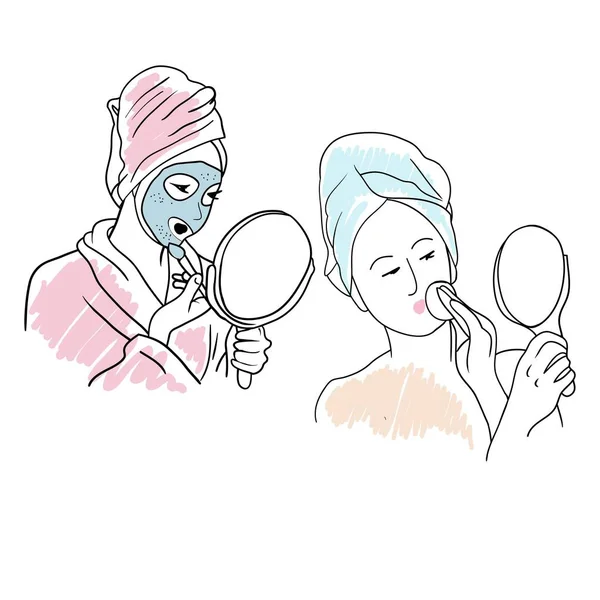Imagen Una Joven Mirándose Espejo Realizando Procedimientos Cosméticos Faciales Ilustración — Vector de stock