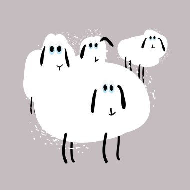 Sevimli komik koyun, koyun sürüsü, çizgi film karakteri, vektör el çizilmiş