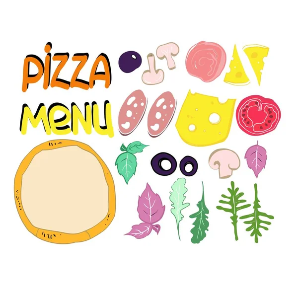 Ilustración Del Color Comida Ingredientes Pizza Fijados Para Anunciar Negocio — Vector de stock