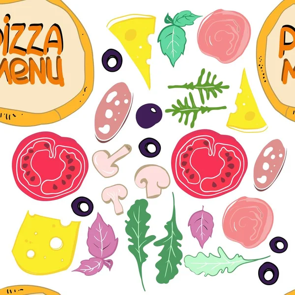 Padrão Sem Costura Desenhos Sobre Tema Alimentos Pizzaria Design Embalagens — Vetor de Stock