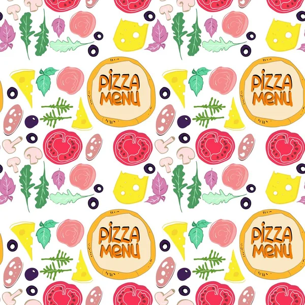 Padrão Sem Costura Desenhos Sobre Tema Alimentos Pizzaria Design Embalagens — Vetor de Stock