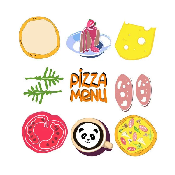 Conjunto Dibujos Alimentos Color Para Restaurante Publicidad Pizzería Imagen Vectorial — Vector de stock