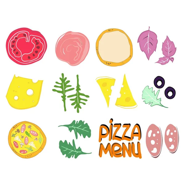 Conjunto Desenhos Alimentos Coloridos Para Restaurante Publicidade Pizzaria Imagem Vetorial — Vetor de Stock