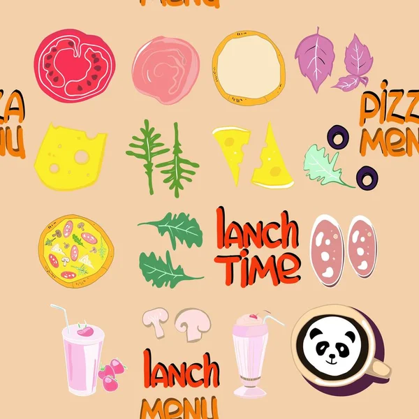 Patrón Sin Costura Dibujos Sobre Tema Comida Pizzería Diseño Envases — Vector de stock