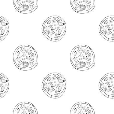 Dikişsiz desen, gıda, pizzacı, ambalaj tasarımı, vektör illüstrasyon konusunda çizimler