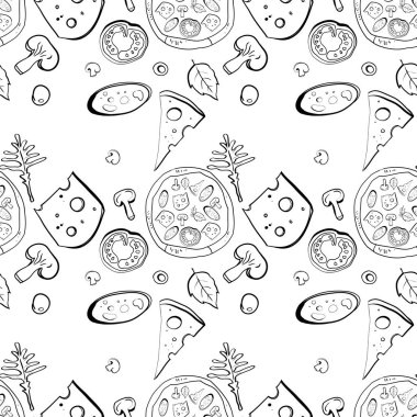Dikişsiz desen, gıda, pizzacı, ambalaj tasarımı, vektör illüstrasyon konusunda çizimler