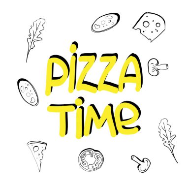 Doğrusal gıda çizimleri, yazı, bir pizza restoranı için reklam, vektör görüntü