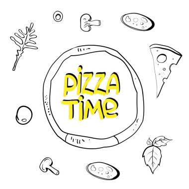 Doğrusal gıda çizimleri, pizza malzemeleri, pizza, restoran iş reklam için ayarlanmış pizza,