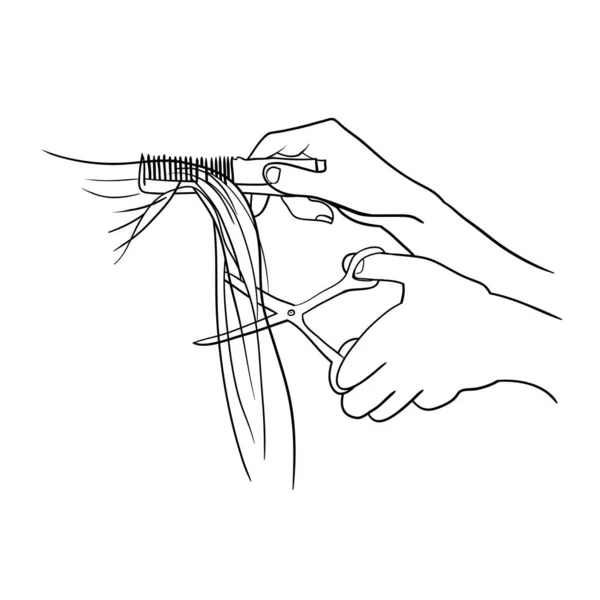 手剪头发 理发师的手 手和剪刀 线性绘图矢量 — 图库矢量图片