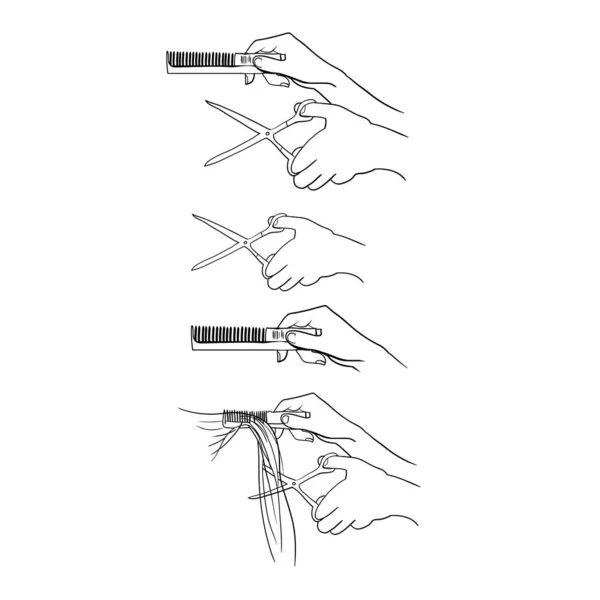 Capelli Taglio Mani Mani Parrucchiere Mani Forbici Disegno Lineare Vettore — Vettoriale Stock