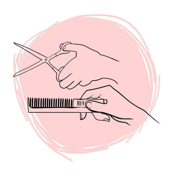 Hands Cutting Hair Hands Hairdresser Hands Scissors Linear Drawing Vector — Stock Vector