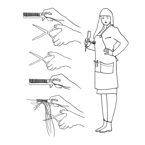 Girl Hairdresser Hairdresser Hand Drawings Set Scissors Comb Linear Graphic — Stock Vector