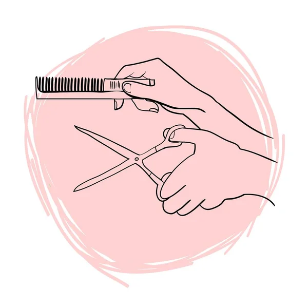 Hands Cutting Hair Hands Hairdresser Hands Scissors Linear Drawing Vector — Stock Vector