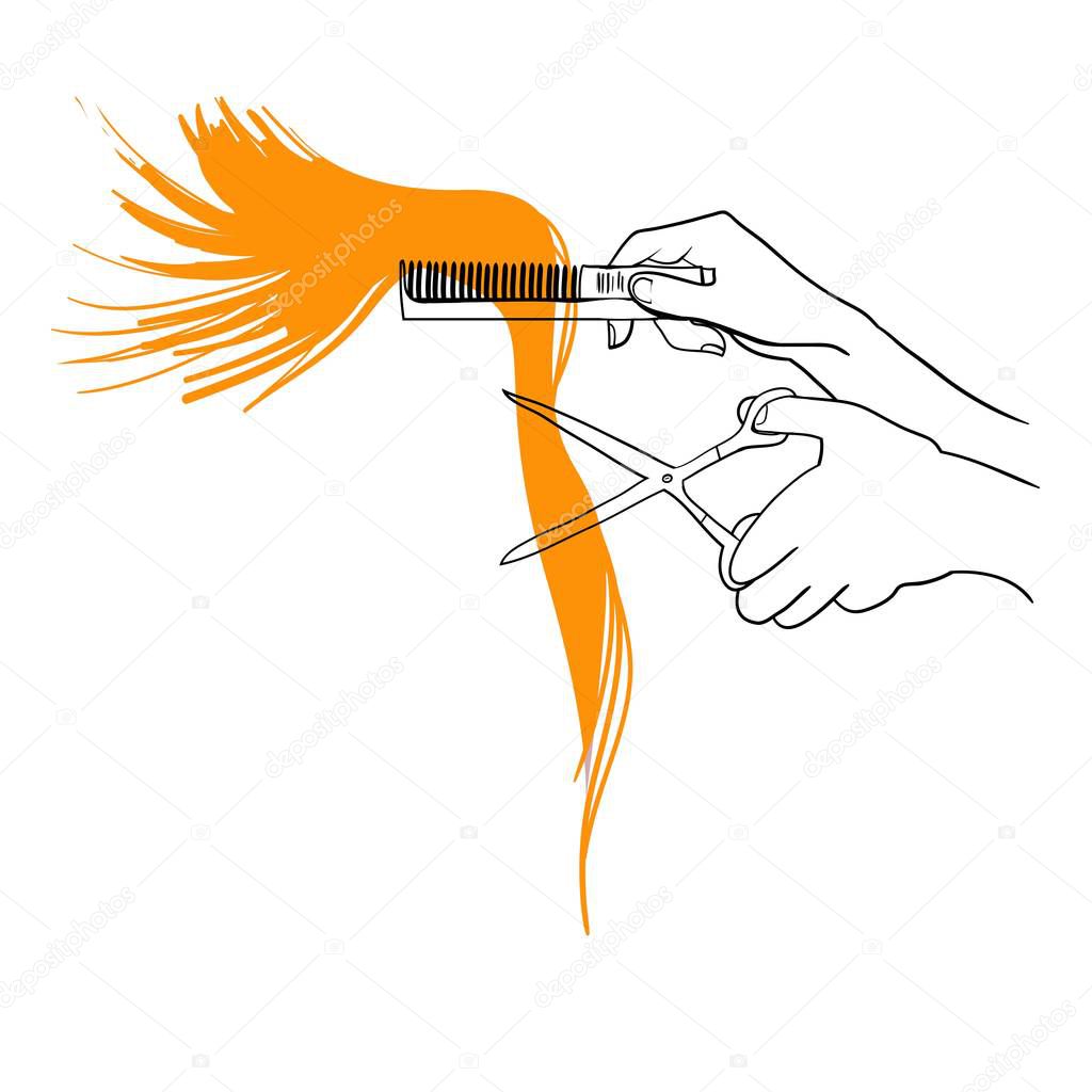 Hands cutting hair, hands of a hairdresser, hands and scissors, linear drawing in vector