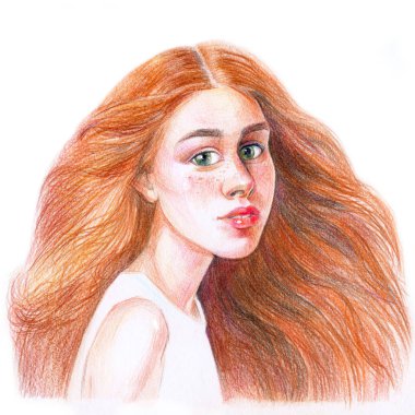 Kırmızı saçlı bir kızın portresi, fantastik bir karakter, güzel bir kızın yüzü, renkli kalemler ile kağıda çizim
