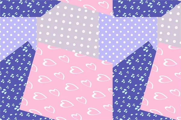 Hearts Dots Patchwork Print Rustic Motif Seamless Pattern Fabric Design — Stock Vector