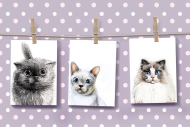 Mokcup, sevimli bir bezelye arka plan üzerinde elle çizilmiş evcil hayvan ile kartpostal