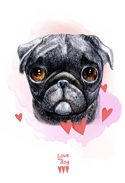 Postcard Design Cute Dog Watercolor Background Hearts Hand Drawn — Stock Photo, Image