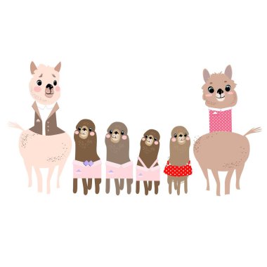 Lamas bir ailenin çizimleri seti, çocuk kahramanlarıkarikatür masal karakterleri, vektör olarak