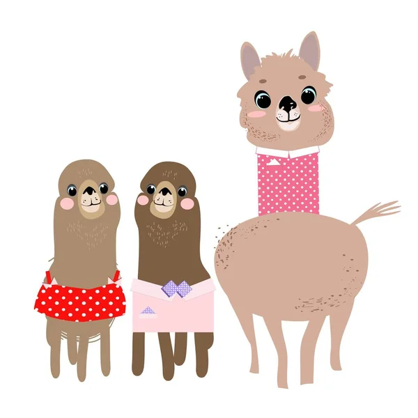 Set Drawings Family Lamas Cartoon Fairy Tale Characters Children Heroes — Stock Vector