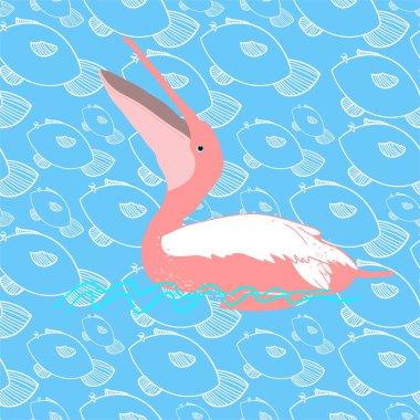 Vektör büyük kuşlar, pembe pelikan, çizgi film karakteri ve sevimli dikişsiz desen çizimleri seti