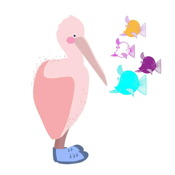 Pájaro Grande Pelícano Rosa Personaje Dibujos Animados Vector — Archivo Imágenes Vectoriales