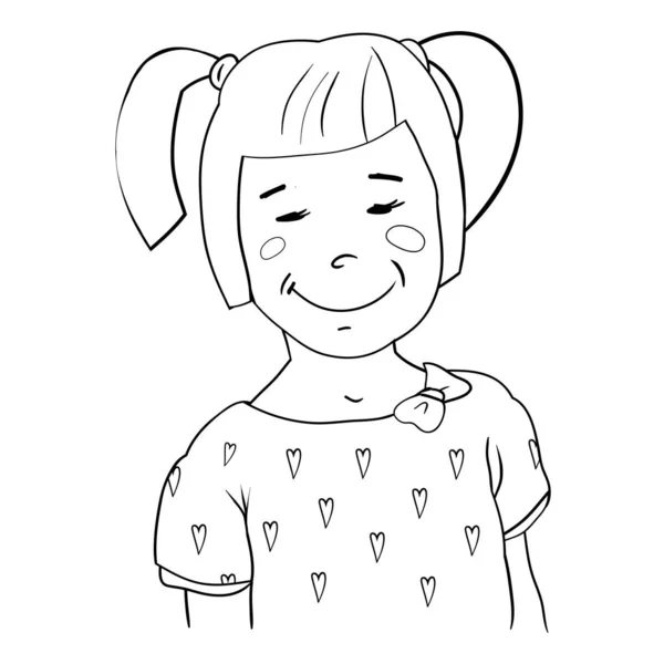 Cute Little Girl Smile Girl Character Linear Drawing Vector — Stock Vector