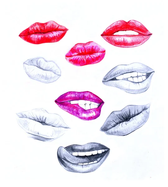 Lips, smile, mouth and teeth, part of a person\'s face, sexy lips, set of drawings in color pencil on paper