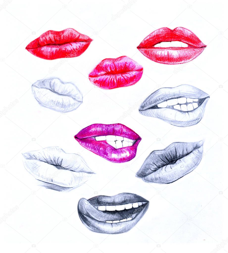 Lips, smile, mouth and teeth, part of a person's face, sexy lips, set of drawings in color pencil on paper
