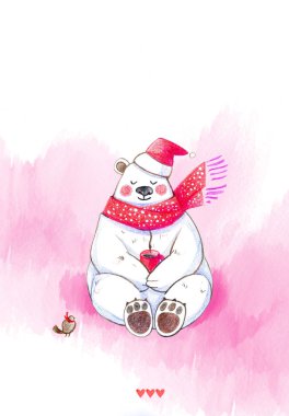 Yeni Yıl ve Noel için tebrik kartı, sıcak kahve bir fincan kutup ayısı, çizgi film karakteri, kağıt üzerinde çizim renkli kalem