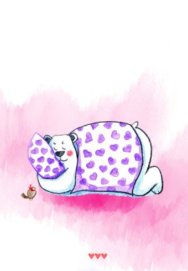 Beyaz kutup ayısı bir yastık, çizgi film karakteri, renkli kalem çizim, suluboya lekeler, kartpostal arka plan karşı uyku