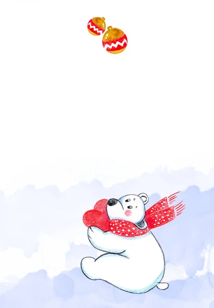 Blahopřání Novému Roku Vánocům Lední Medvěd Srdcem Kreslené Postavy Tužka — Stock fotografie