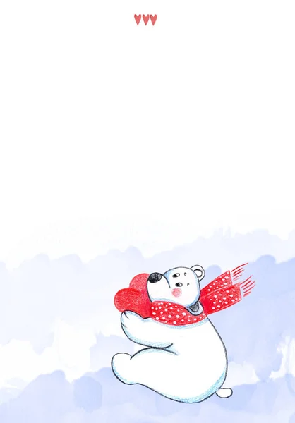 Greeting Card New Year Christmas Polar Bear Heart Cartoon Character — Stock Photo, Image