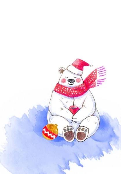 Greeting Card New Year Christmas Polar Bear Cup Hot Coffee — Stock Photo, Image