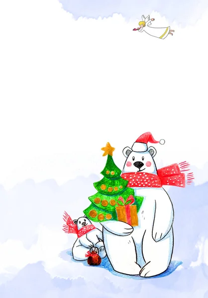 Greeting card for New Year and Christmas, polar bear, cartoon character, color pencil drawing on paper