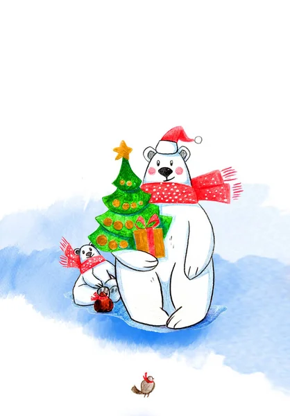 Greeting Card New Year Christmas Polar Bear Cartoon Character Color — Stock Photo, Image