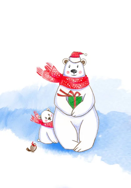 Greeting Card New Year Christmas Polar Bear Cartoon Character Color — Stock Photo, Image