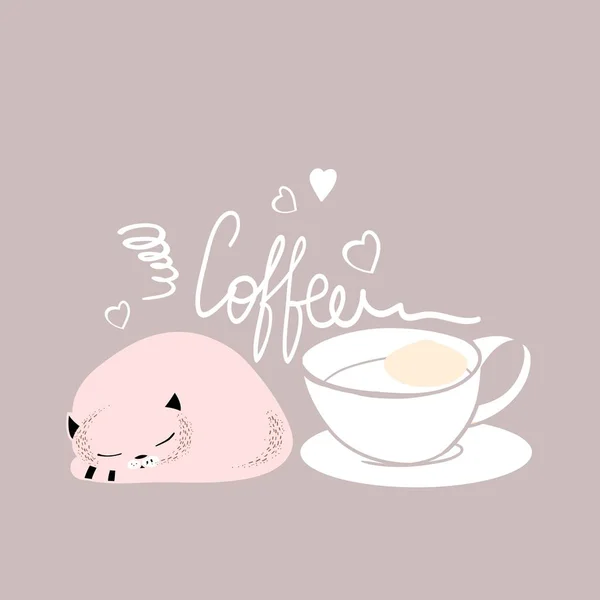 コーヒータイム コーヒーと猫 ピンクの背景にデザイン カフェ広告用 ベクトルで — ストックベクタ