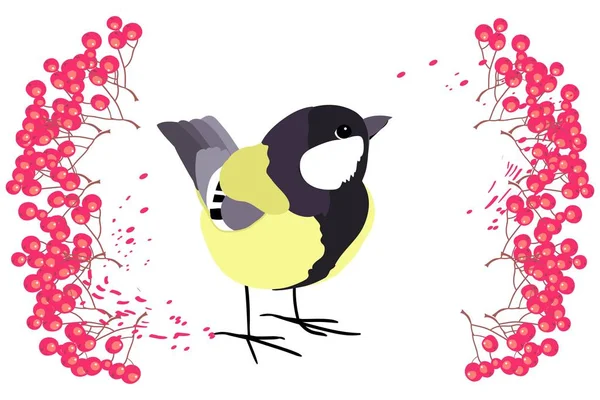 Kresba Ptáček Pozadí Shluků Bobulí Vikrnu Přání Ilustrace Barevného Vektoru — Stockový vektor
