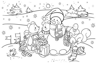 Yılbaşı ve Noel temalı çocuk boyama kitabı, karlı manzara, hediyeli bir kardan adam, hayvanlar, çizgi film karakterleri, raster kopyası