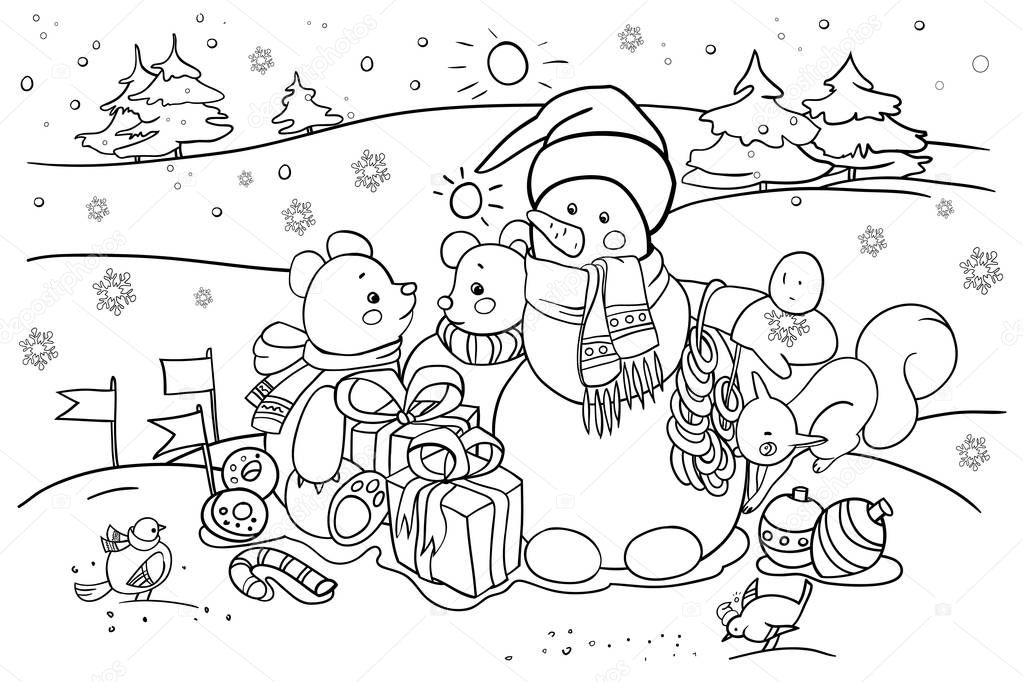 Children's coloring book on the theme of New Year and Christmas holidays, snowy landscape, a snowman with gifts, animals, cartoon characters, raster copy