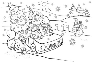 Çocuklar için boyama kitabı, Yeni Yıl ve Noel tatilleri, Noel Baba 'nın Noel için acele eden arabası, çizgi film karakterleri, hayvanlar, Noel ağacı, grafik çizimi, raster kopya
