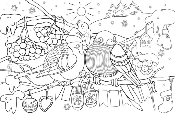 Рождественская Раскраска Детей Птиц Ветвях Кластерах Рябины Мультяшные Персонажи Растровая — стоковое фото
