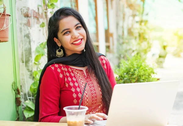 Pretty Young Indian Woman Traditional Clothes Laptop Stock Photo