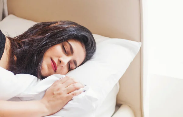 Beautiful Indian Woman Sleeping Daytime Cozy Bed Closeup Portrait — Stock Photo, Image