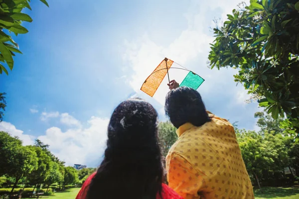 Back Side Faceless Shot Two People Flying Indian Flag Kite — Stock Photo, Image