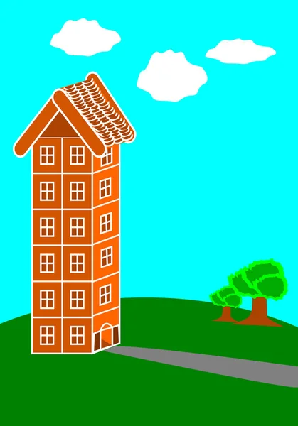 高大的复古棕色房子卡通与蓝天白云树和绿色的灰褐色 — 图库照片